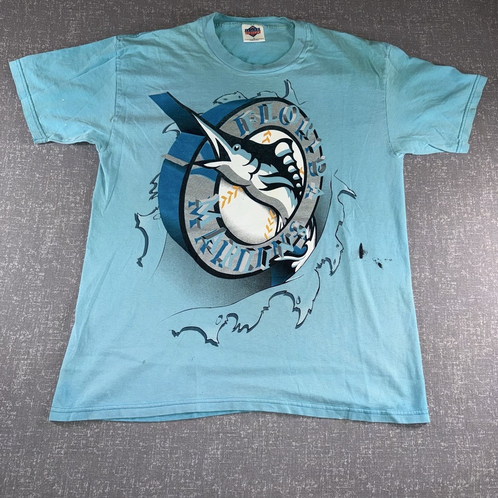 Vintage Florida Marlins Shirt Mens Large Blue MLB Baseball League Leader 90s Tee